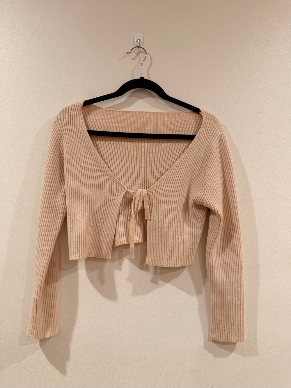 Tie-Front Ribbed Cardigan Crop Top - Cream